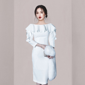 RM327#新款韩版时尚气质优雅显瘦大气设计感荷叶边连衣裙