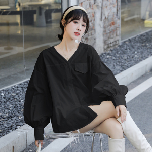 BF80#春季韩版宽松型纯色V领休闲灯笼袖纯棉小众衬衫
