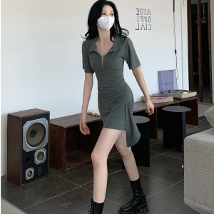 RM112#夏季短袖polo连衣裙女2023年新款不规则收腰包臀短裙显瘦辣妹裙子