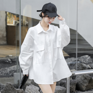 BF81#韩版休闲H型宽松纯色时尚帅气纯棉撞色单排扣衬衣