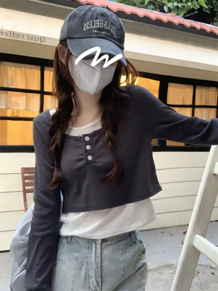 RM110#新款韩版假两件t恤女修身撞色长袖短款上衣