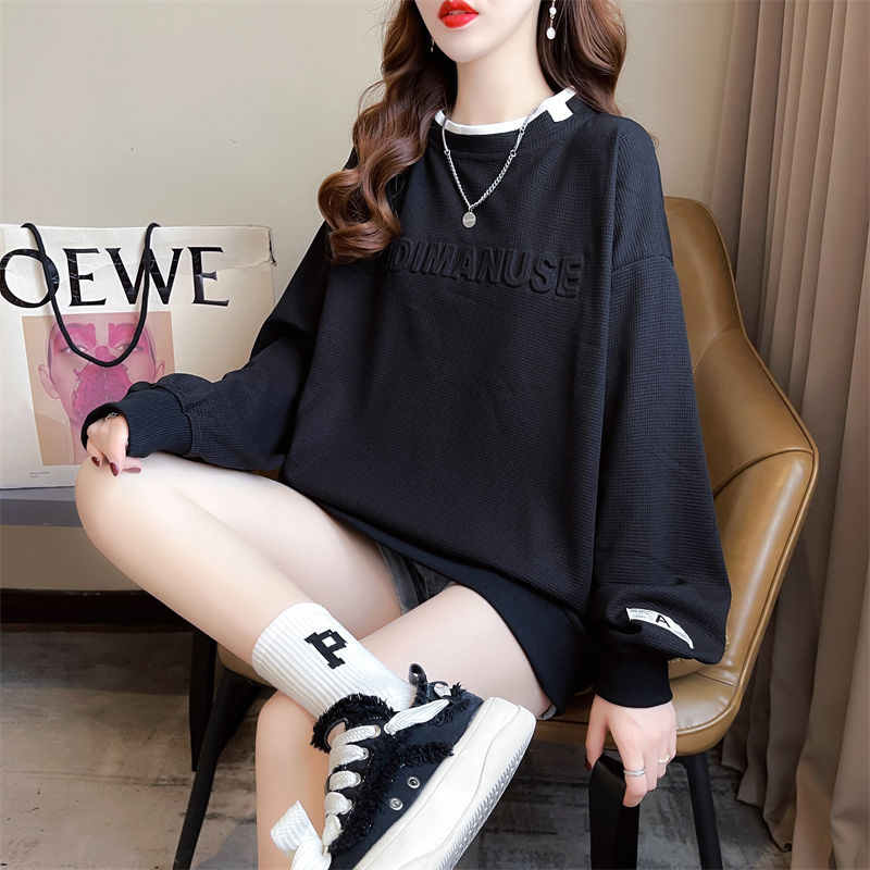 Actual shot of 2024 spring new Korean style loose back collar waffle fake two-piece large size thin sweatshirt for women