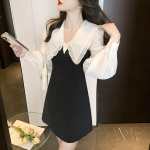 RM2865#新款显瘦小黑裙奶甜娃娃领假两件温柔气质约会连衣裙