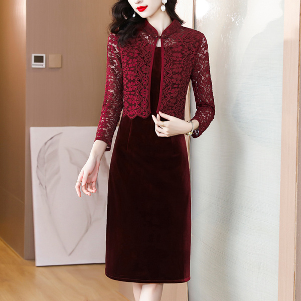 RM3132#红色改良旗袍连衣裙女 高端喜婆婆婚宴装两件套装裙子