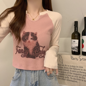 RM10335#新款设计感美式小奶猫短款t恤女修身长袖上衣