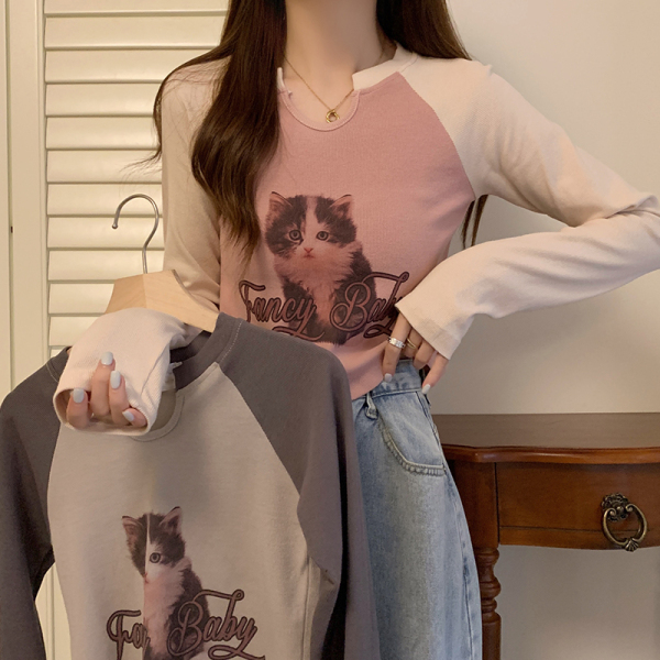RM10335#新款设计感美式小奶猫短款t恤女修身长袖上衣