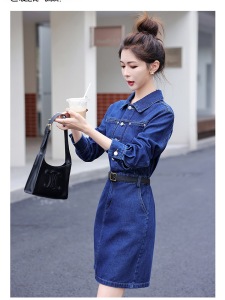 RM3559#牛仔连衣裙 新款韩版长袖收腰高级感纯色显瘦小个子裙子