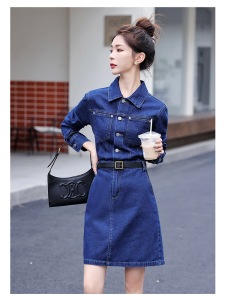 RM3559#牛仔连衣裙 新款韩版长袖收腰高级感纯色显瘦小个子裙子