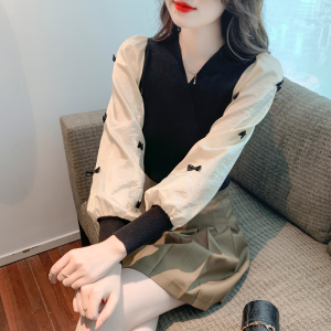 RM196#新款韩版拼接雪纺袖修身打底衫针织衫上衣