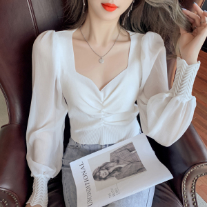 RM197#新款韩版网纱拼接雪纺袖修身打底衫针织衫上衣