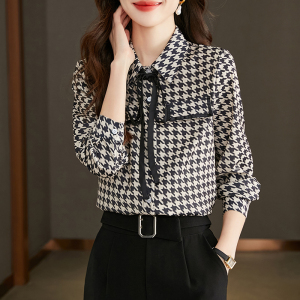 RM146#新款春季韩版系带气质优雅格子衬衫