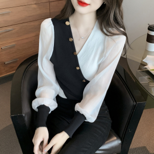 RM201#新款韩版拼接雪纺袖特色款修身打底衫针织衫