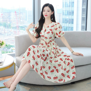 RM5549#红花绑带连衣裙泡泡袖A字碎花裙小个子仙女裙