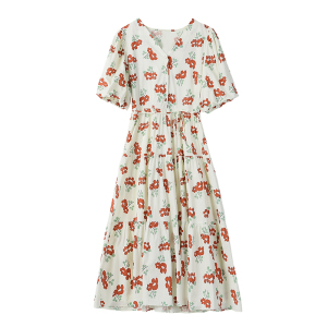 RM5549#红花绑带连衣裙泡泡袖A字碎花裙小个子仙女裙