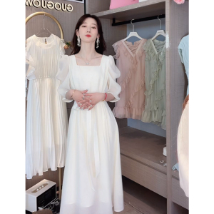 RM6455#新款夏季女装法式气质温柔风泡泡袖方领连衣裙子女白色长裙