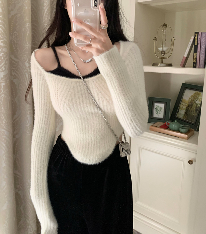 Early Spring Spicy Girl Mink Fleece Fake Two Pieces Slim Fit Sweet Plush Pure Desire Knitted Shirt