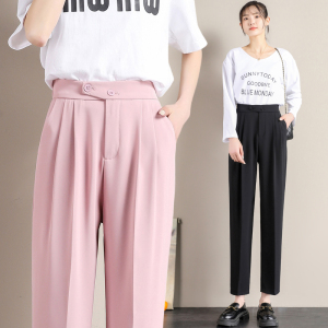 RM519#新款西装哈伦裤女冰丝直筒粉色烟管裤九分休闲裤