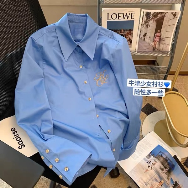 RM979#蓝色金属扣刺绣polo领衬衫女 新款高级感宽松休闲气质衬衣