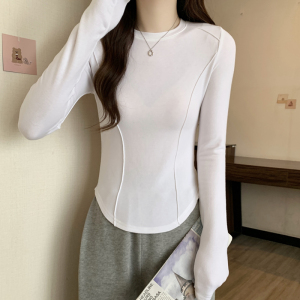 RM945#圆领白色长袖T恤女2023春装新款设计感鱼骨线修身打底衫内搭上衣