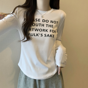 RM946#设计感时尚印花圆领长袖T恤女2023春季新款修身显瘦纯棉正肩上衣