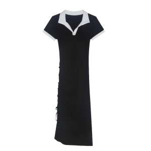 RM203#新款夏季女装修身抽绳皱褶撞色开叉polo领连衣裙子夏高级感