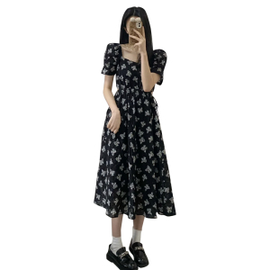 RM204#新款设计感小众法式方领连衣裙子女夏季显瘦收腰黑色碎花长裙