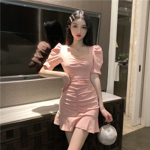 Sexy waistband buttocks temperament slimming solid color dress