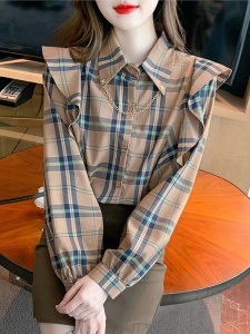 RM179#格子衬衫春装2023新款独特别致小衫洋气设计感荷叶边长袖上衣