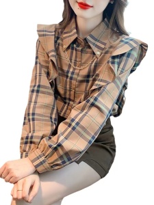 RM179#格子衬衫春装2023新款独特别致小衫洋气设计感荷叶边长袖上衣