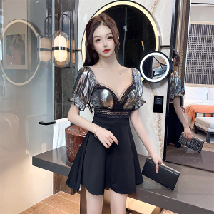 Metal texture bright face dress sexy contrast color bubble sleeve low-cut large hem bottom skirt