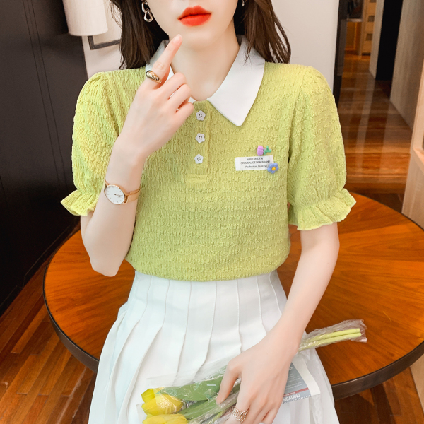 RM461#肌理感短袖t恤女夏2023新款小个子娃娃领上衣