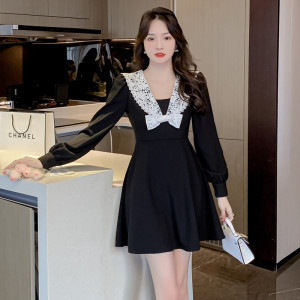 RM594#法式优雅重工定制蕾丝领高腰A字短款连衣裙
