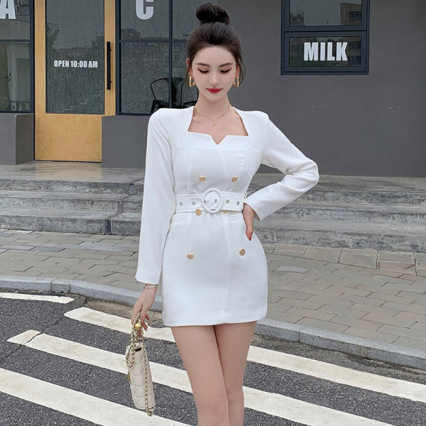 RM771#新款女装法式收腰又甜又辣裙子气质名媛白色西装连衣裙