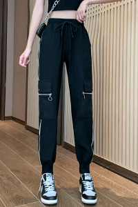 RM1923#黑色工装裤2023年春夏新款显瘦高腰直筒宽松休闲哈伦运动裤女