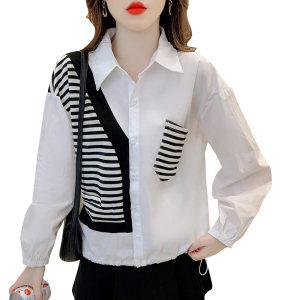 RM14520#新品时尚假两件拼接衬衣纯棉韩版宽松洋气减龄设件感衬衫