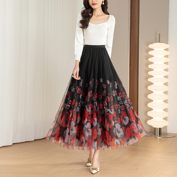 RM296#新款成熟宽松型高腰长裙三层网纱半身裙
