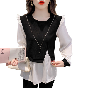 RM14521#假两件设计感纯棉衬衫撞色打底衫气质时尚遮肚子衬衣小衫上衣