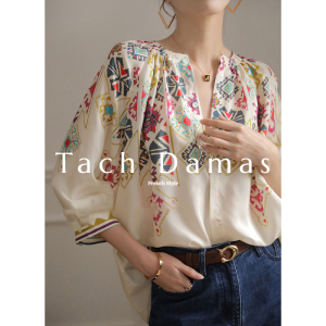 TR13654# tachdamas法式高级感雪纺衬衫女夏季新款气质印花中袖衬衣女 服装批发女装服饰货源