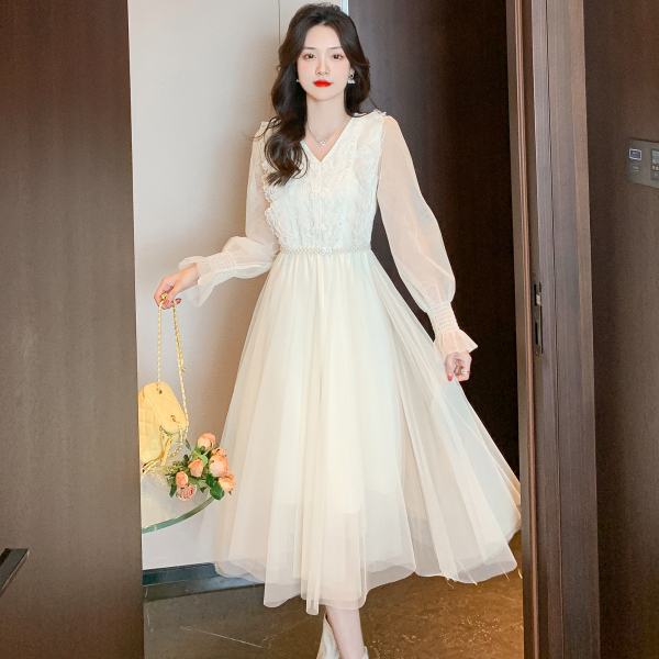 RM1591#新款名媛范气质网纱蕾丝勾花仙女裙超仙的连衣裙子