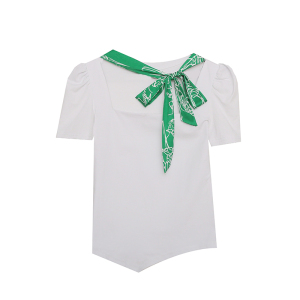 TR11965# 春夏新款T恤原创设计绿色印花飘带蝴蝶结短袖百搭女上衣 服装批发女装服饰货源