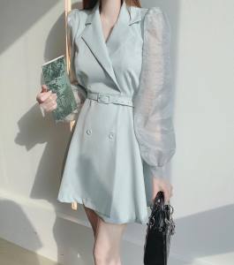 TR16559# 春季新款优雅气质拼接设计感西装连衣裙配腰带 服装批发女装直播货源