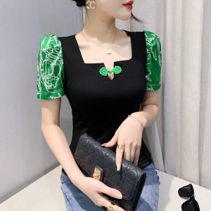 TR11966# 春夏新款T恤原创设计中国风绿色盘扣短袖印花女上衣百搭 服装批发女装服饰货源