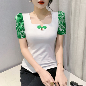 TR11966# 春夏新款T恤原创设计中国风绿色盘扣短袖印花女上衣百搭 服装批发女装服饰货源
