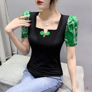 RM265#春夏新款T恤原创设计中国风绿色盘扣短袖印花女上衣百搭