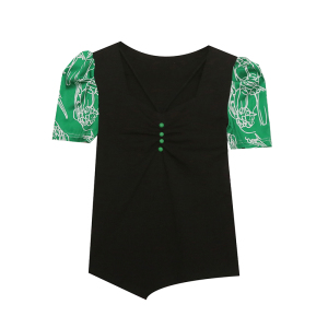 RM266#新款T恤原创设计国潮风绿色纽扣短袖印花女上衣百搭