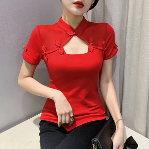 TR11968# 春夏新款原创设计新式中国风红色盘扣短袖上衣国潮风t恤 服装批发女装服饰货源