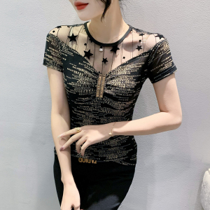 RM267#夏新款网纱印花T恤原创设计拼接烫钻圆领短袖女上衣