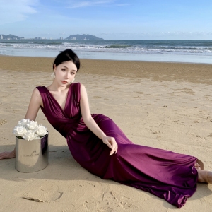 RM939#连衣裙女法式收腰交叉绑带挂脖长裙海边度假露背性感紫色裙子