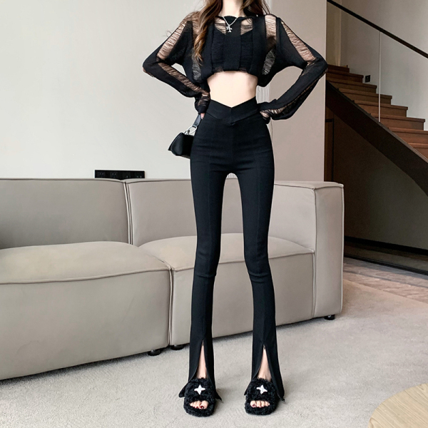 RM1271#开叉裤子女 新款高腰显瘦两穿休闲黑色喇叭裤