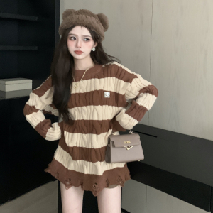 RM529#条纹毛衣女秋冬宽松慵懒风日系复古小众设计感针织衫外套